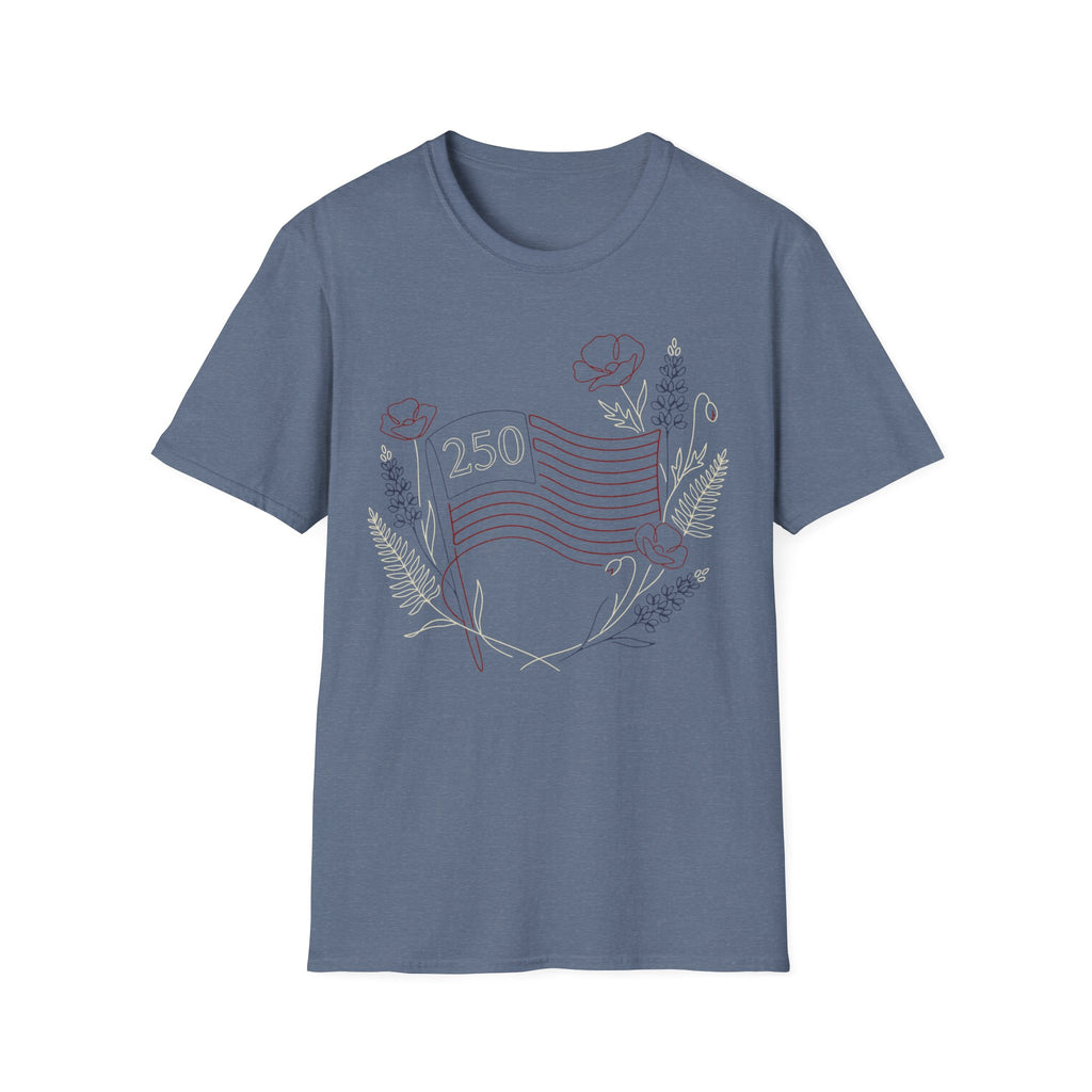 America 250 Floral Line Art Flag T-Shirt | Botanical USA 250th Anniversary Tee