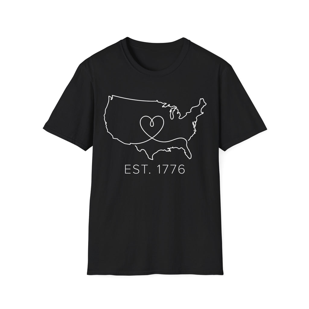 Minimalist USA Heart Map: Est. 1776 Patriotic T-Shirt