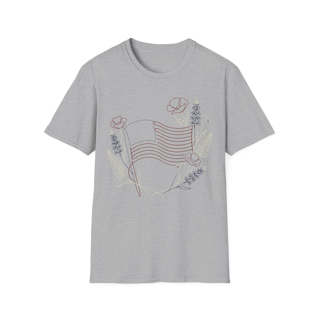 Botanical Floral Line Art American Flag T-Shirt | Subtle Patriotic Tee