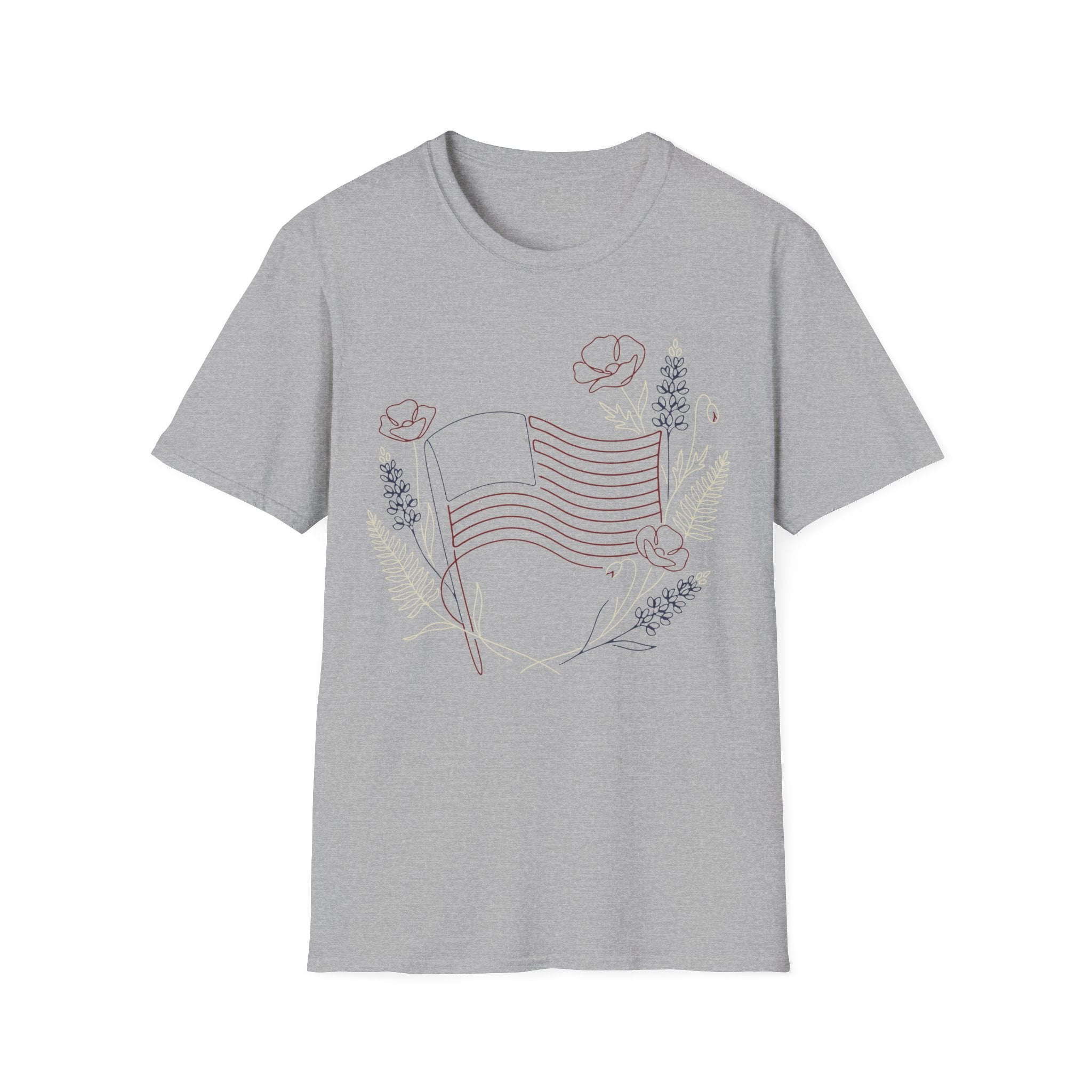 Botanical Floral Line Art American Flag T-Shirt | Subtle Patriotic Tee