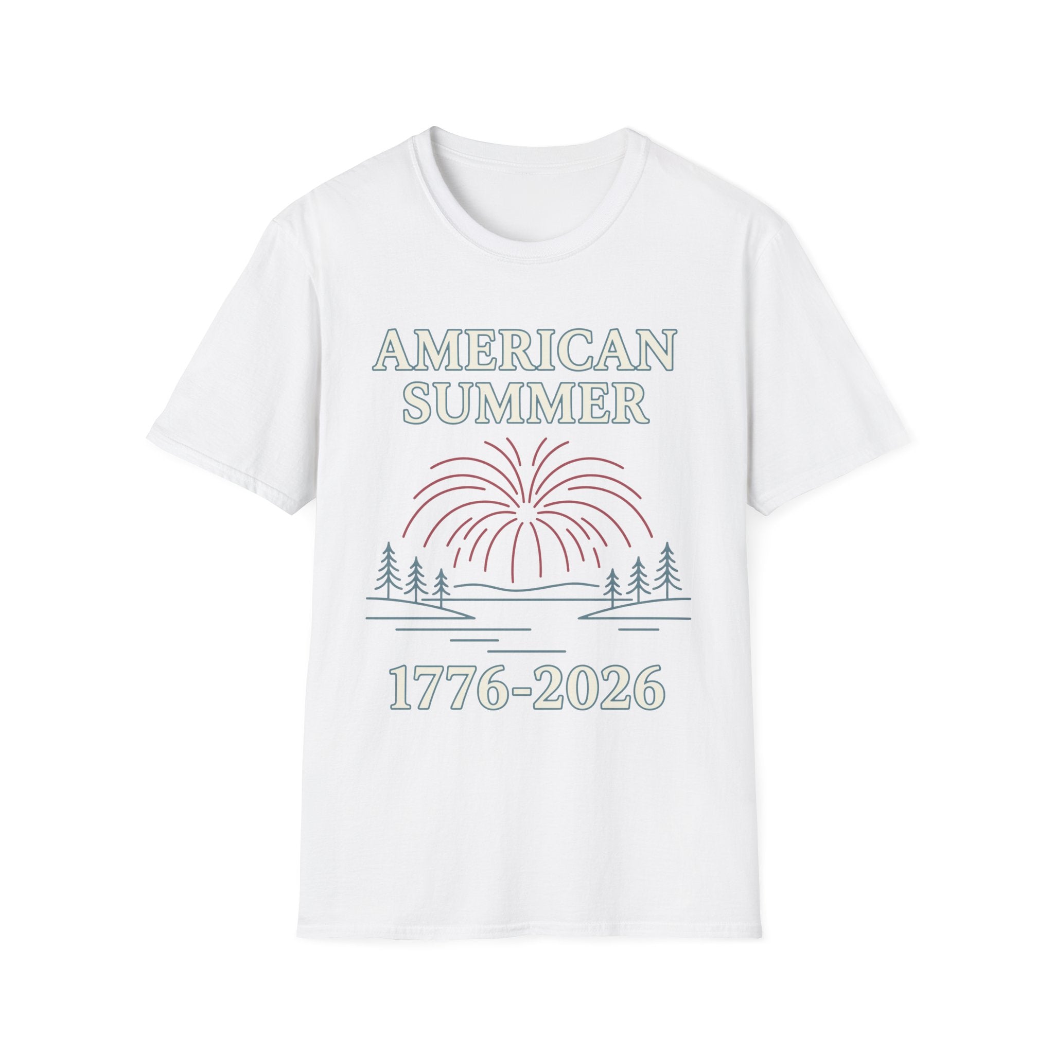 American Summer 1776-2026 Minimalist Lake Fireworks T-Shirt