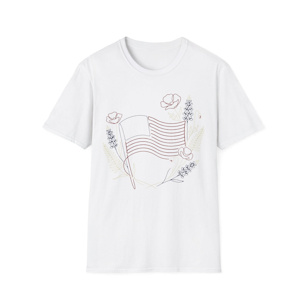 Botanical Floral Line Art American Flag T-Shirt | Subtle Patriotic Tee