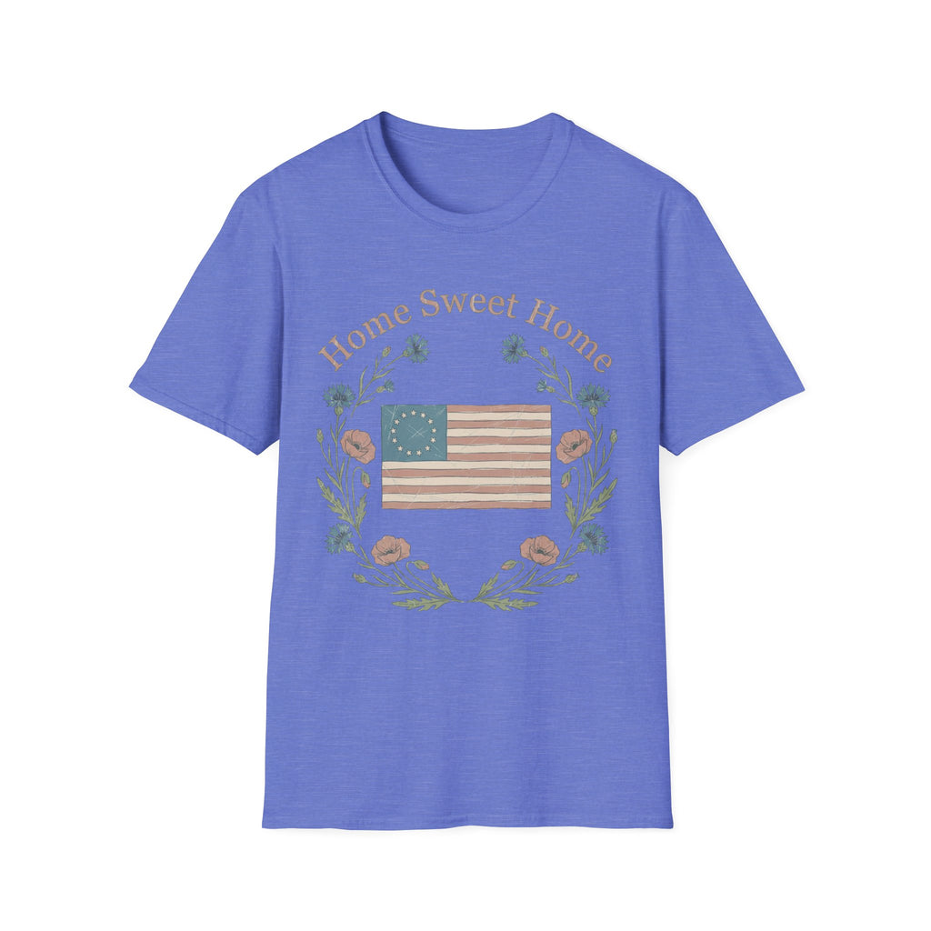"Home Sweet Home" Betsy Ross Flag & Wildflower Wreath Patriotic T-Shirt - Muted Vintage & Family-Friendly Style