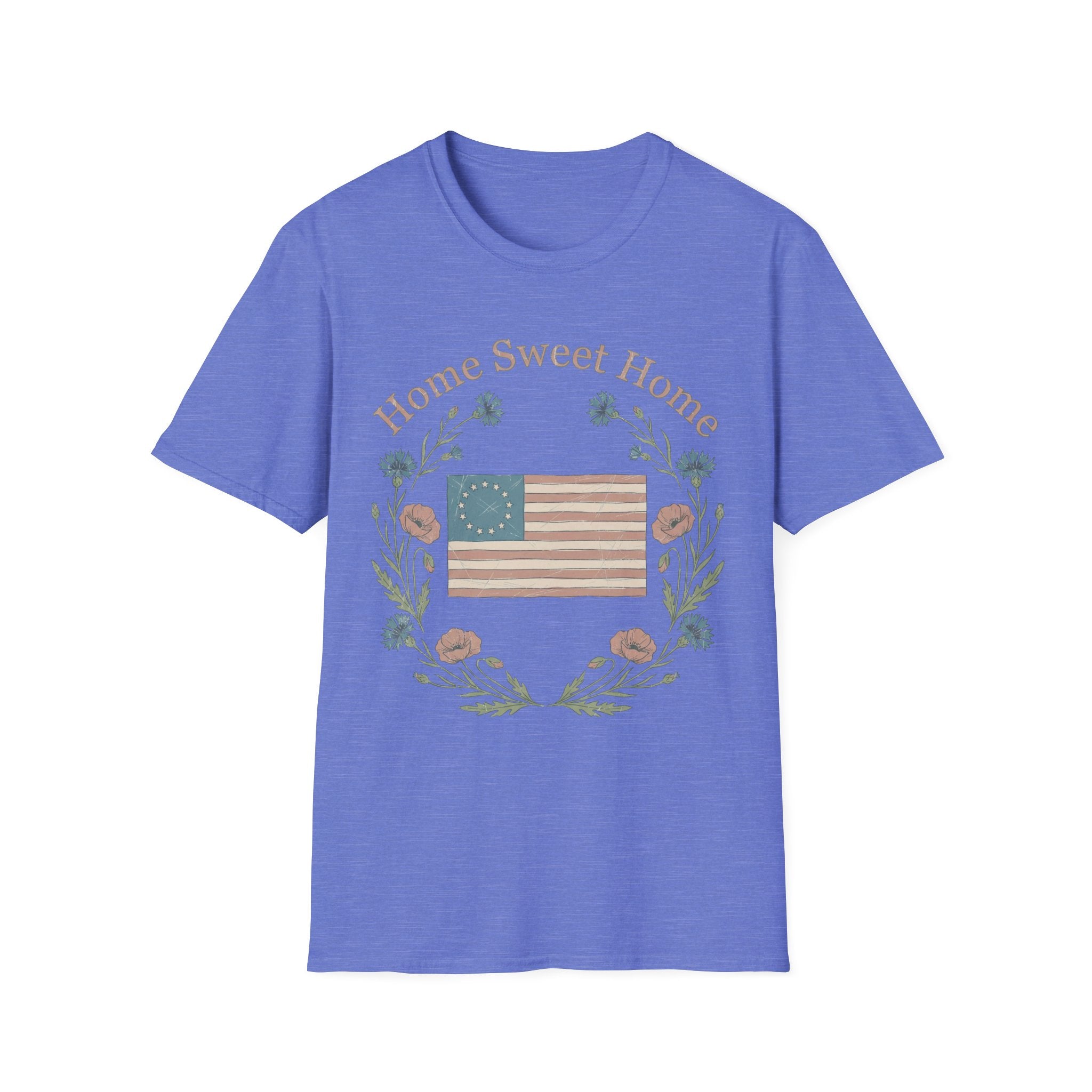 "Home Sweet Home" Betsy Ross Flag & Wildflower Wreath Patriotic T-Shirt - Muted Vintage & Family-Friendly Style