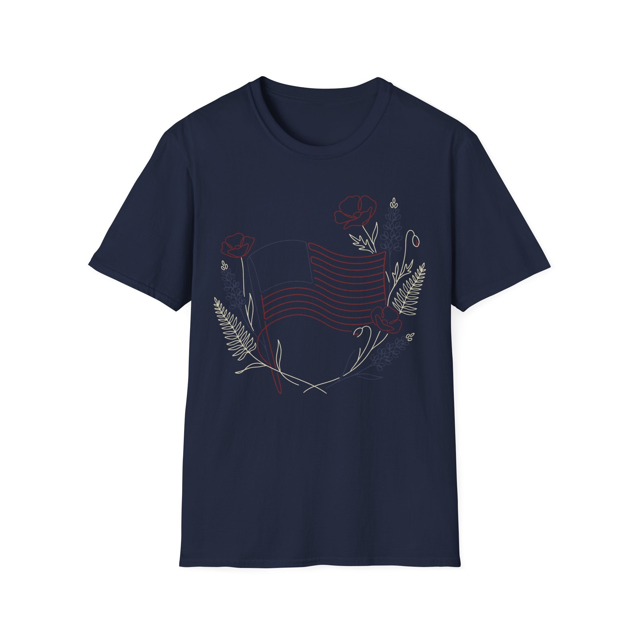 Botanical Floral Line Art American Flag T-Shirt | Subtle Patriotic Tee