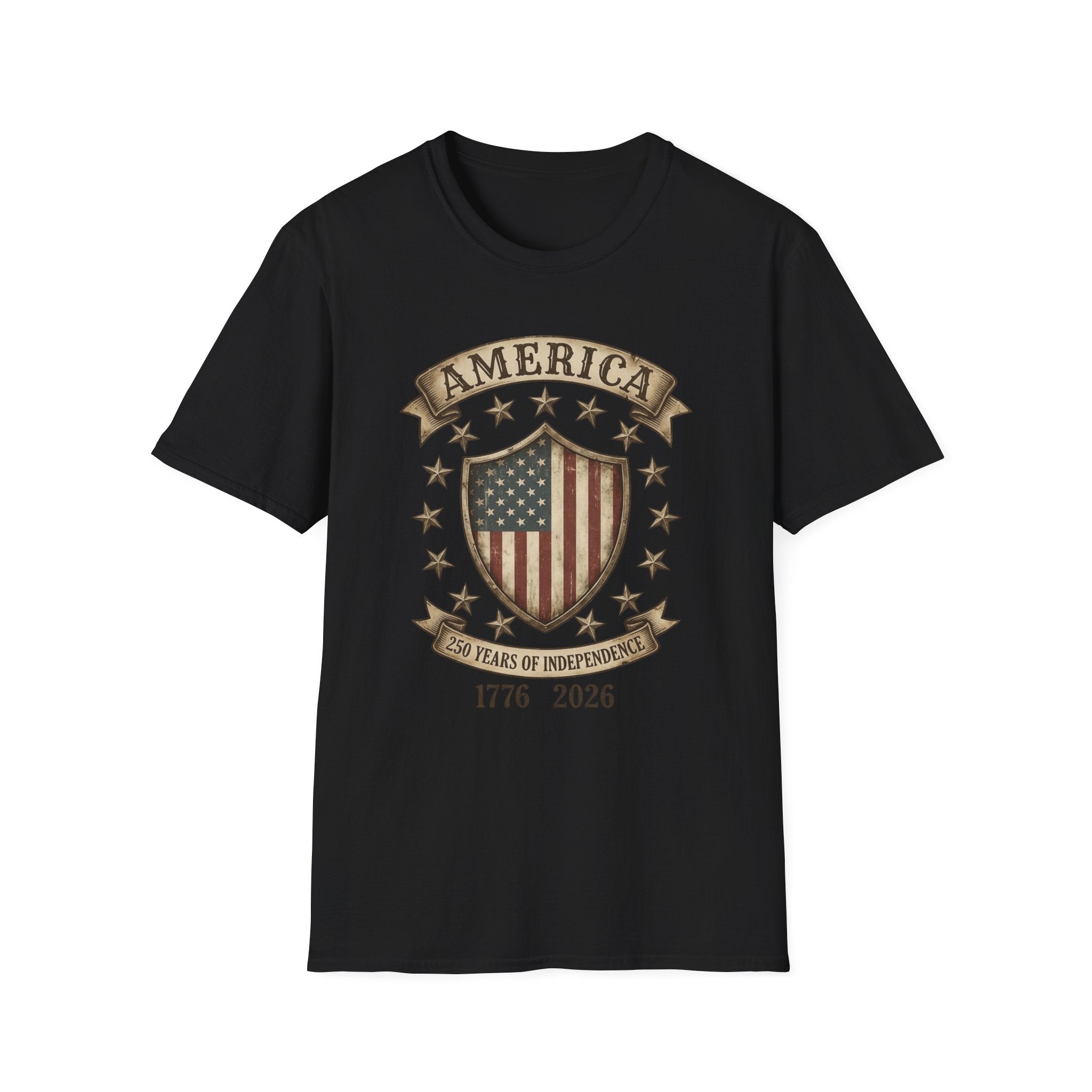 America 250 Years of Independence 1776-2026 Vintage Flag Shield T-Shirt