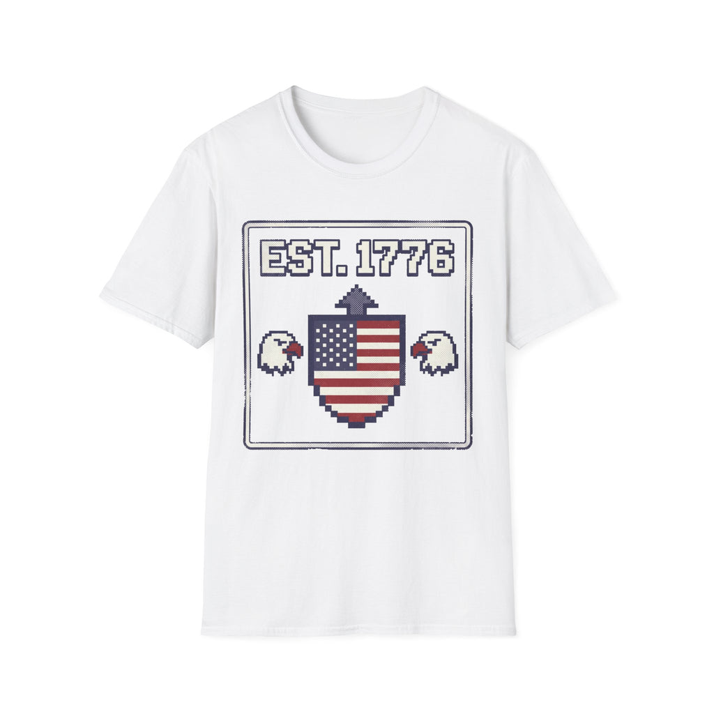 8-Bit Est. 1776 Patriotic T-Shirt | Retro Gamer American Flag Shield Tee
