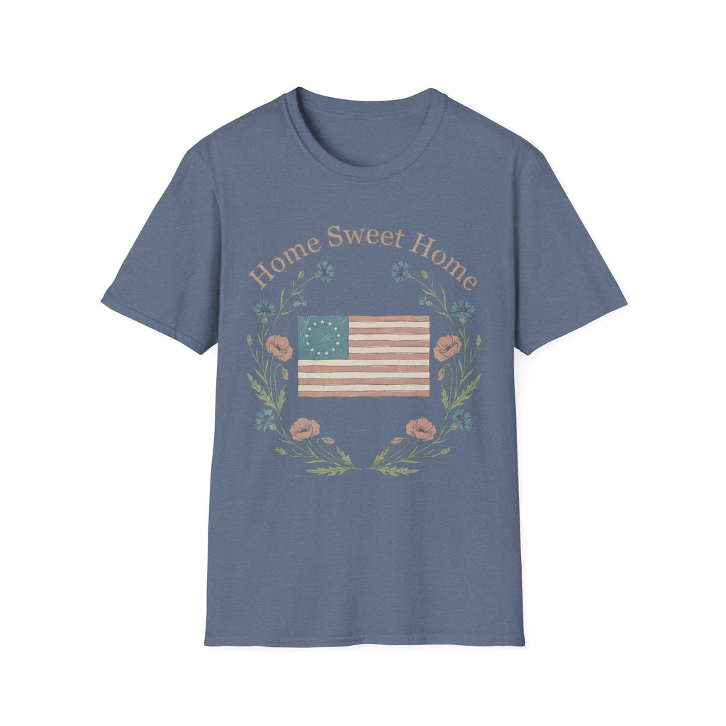 "Home Sweet Home" Betsy Ross Flag & Wildflower Wreath Patriotic T-Shirt - Muted Vintage & Family-Friendly Style