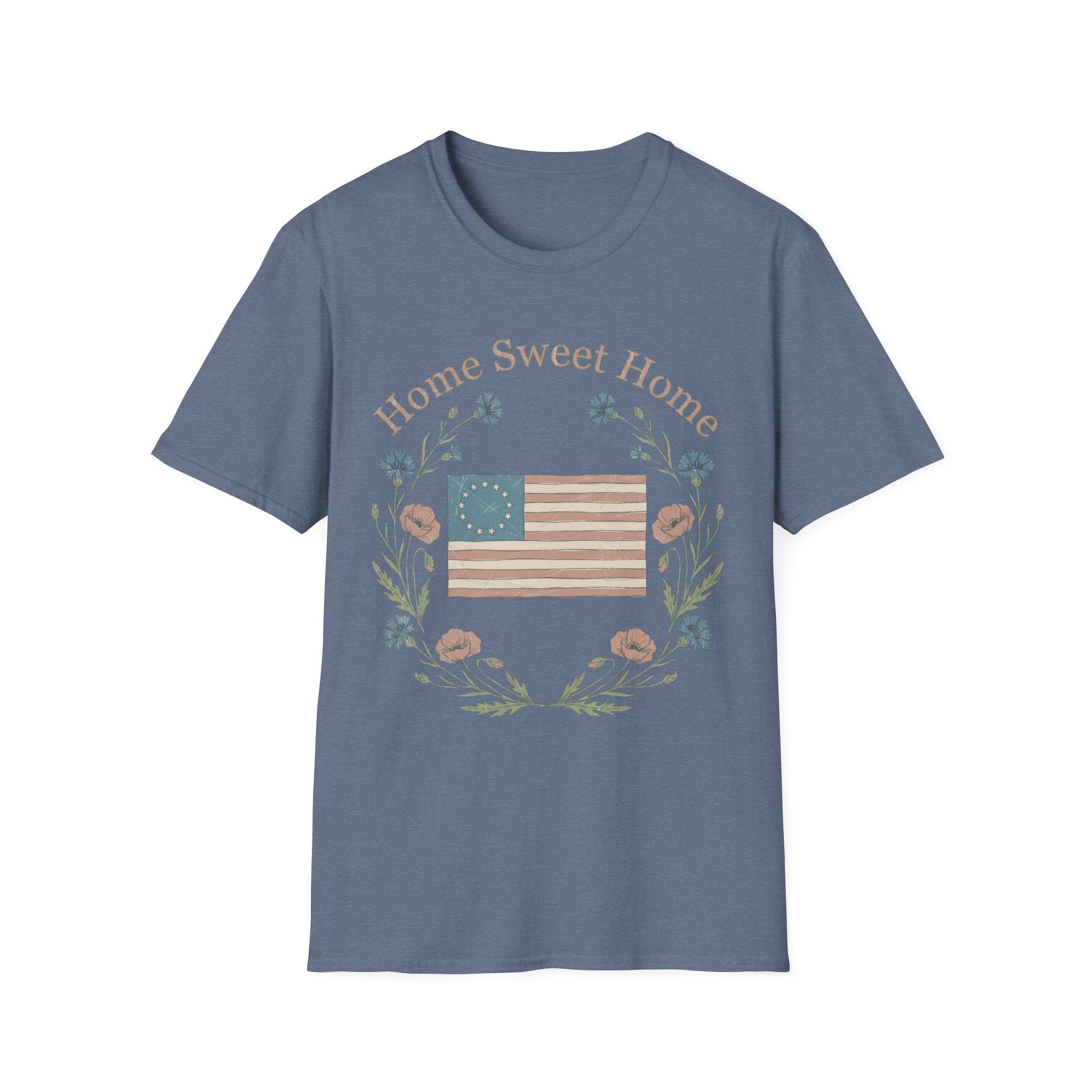 "Home Sweet Home" Betsy Ross Flag & Wildflower Wreath Patriotic T-Shirt - Muted Vintage & Family-Friendly Style
