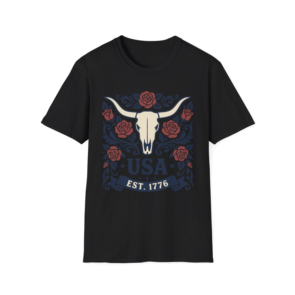Western USA Longhorn Rose T-Shirt | Patriotic Cowgirl Tee