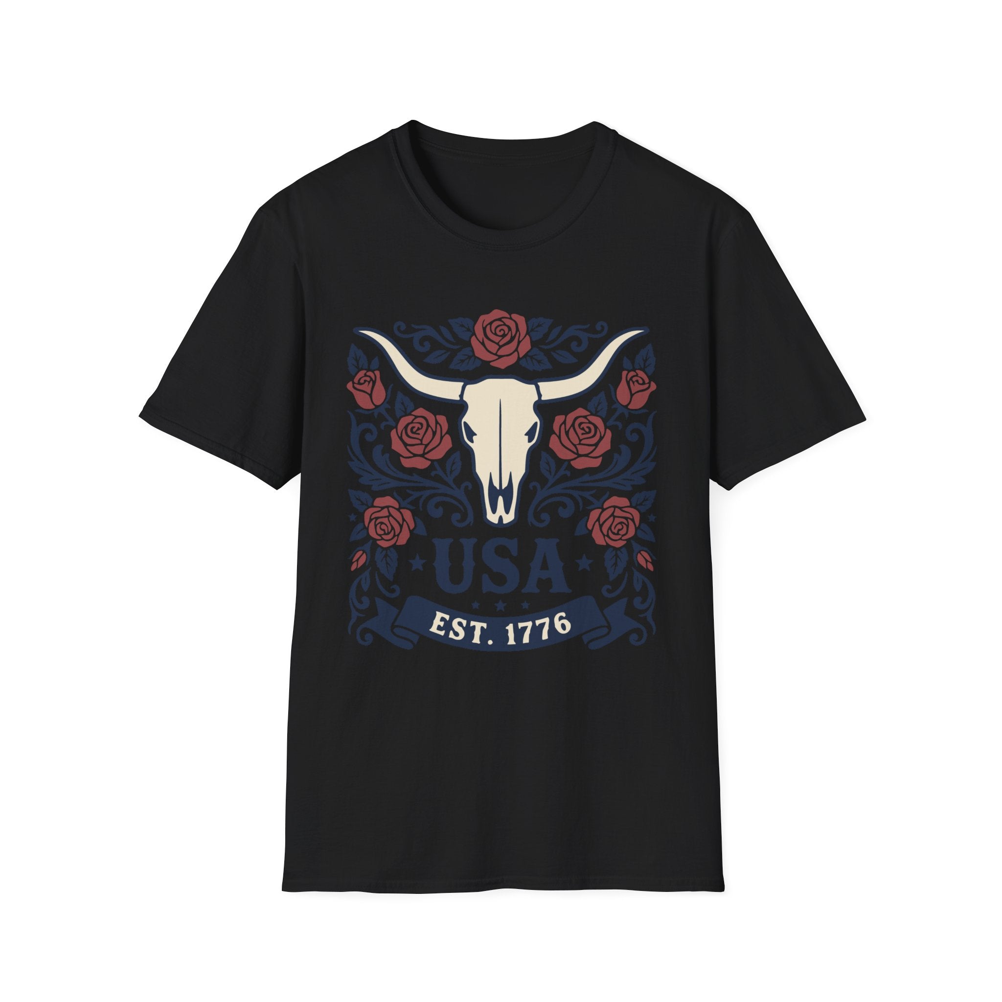 Western USA Longhorn Rose T-Shirt | Patriotic Cowgirl Tee