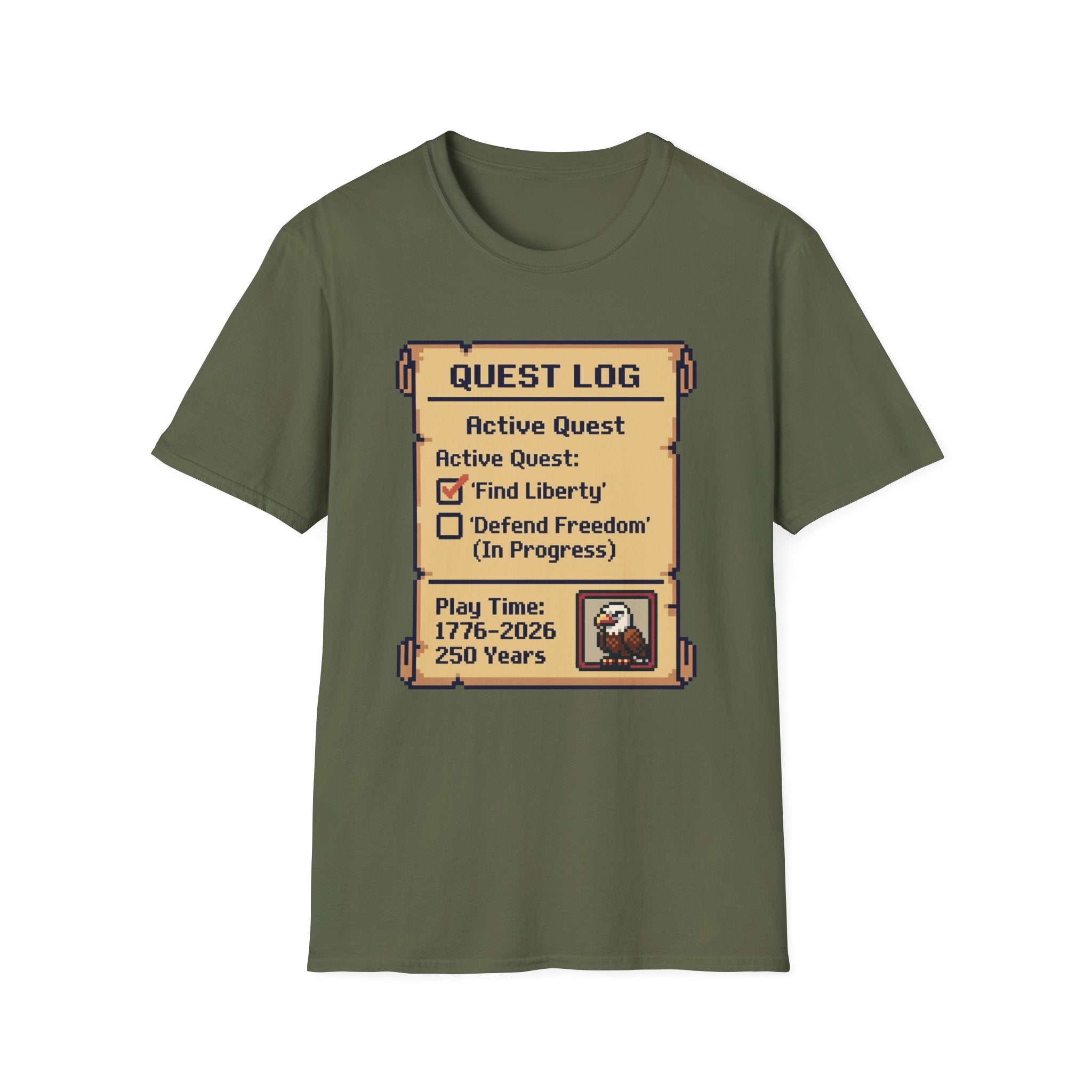8-Bit Quest Log Patriotic T-Shirt | America 250th Anniversary RPG Gamer Tee