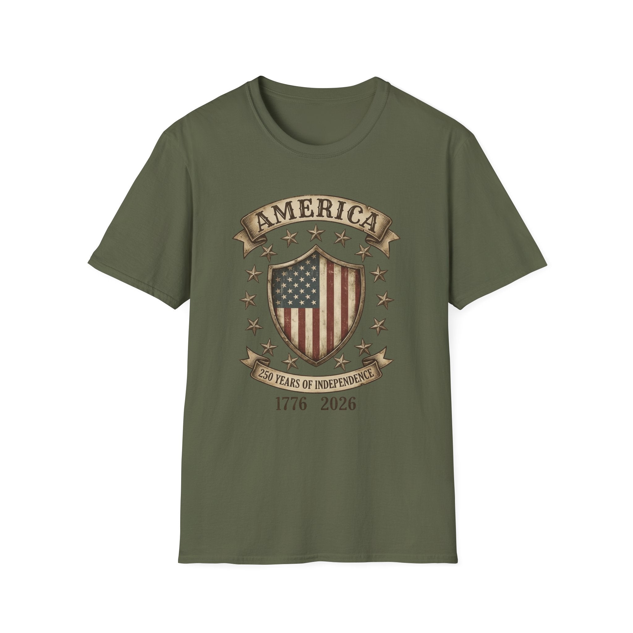 America 250 Years of Independence 1776-2026 Vintage Flag Shield T-Shirt
