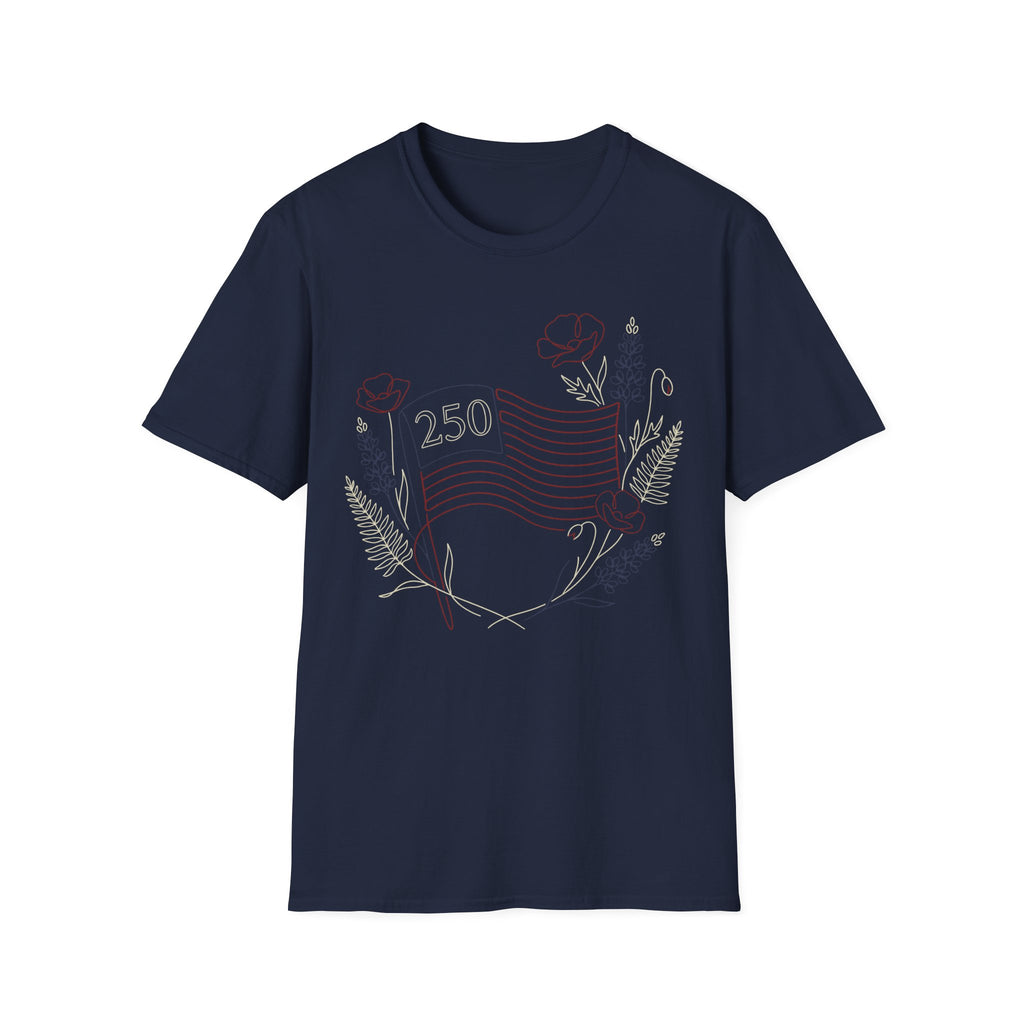 America 250 Floral Line Art Flag T-Shirt | Botanical USA 250th Anniversary Tee