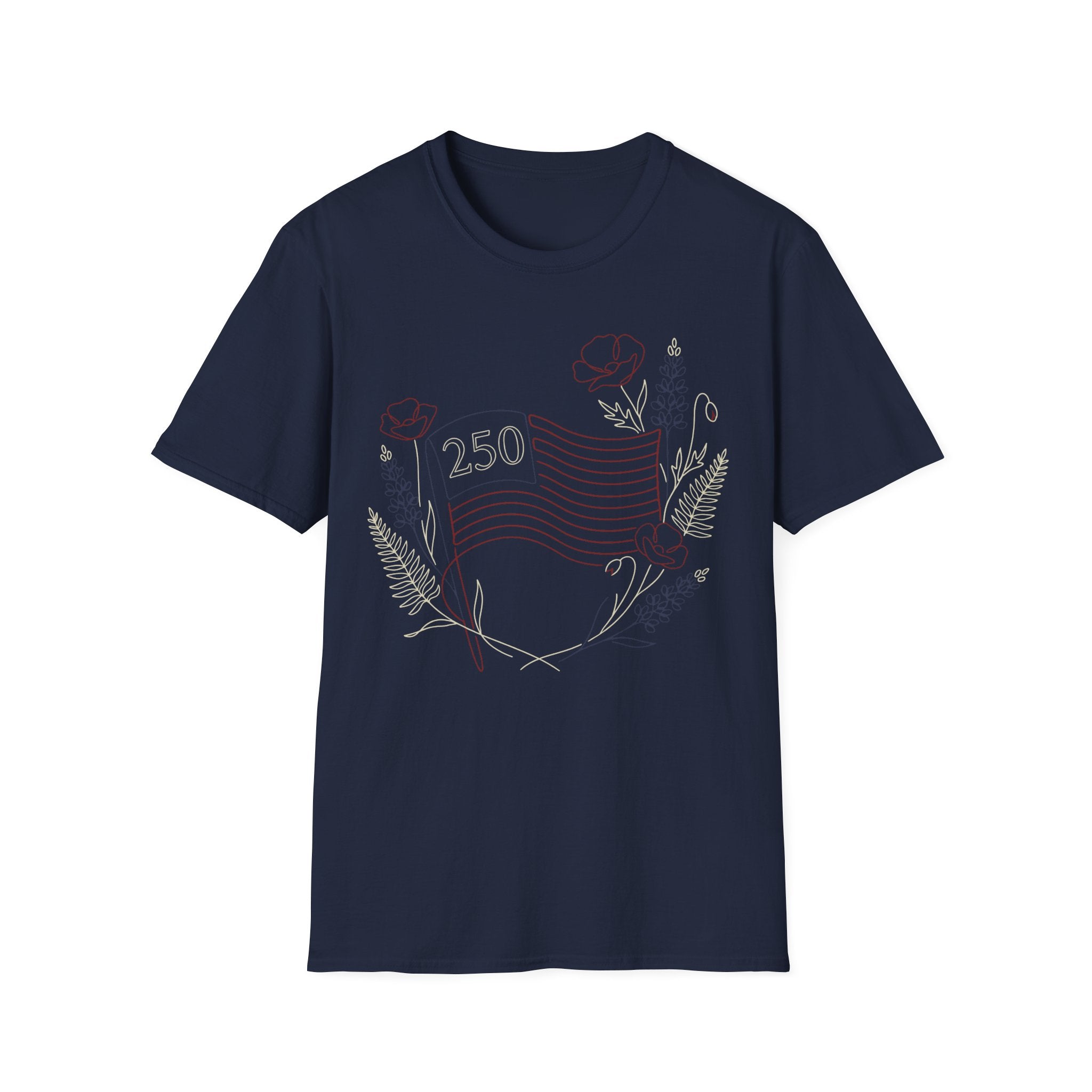 America 250 Floral Line Art Flag T-Shirt | Botanical USA 250th Anniversary Tee