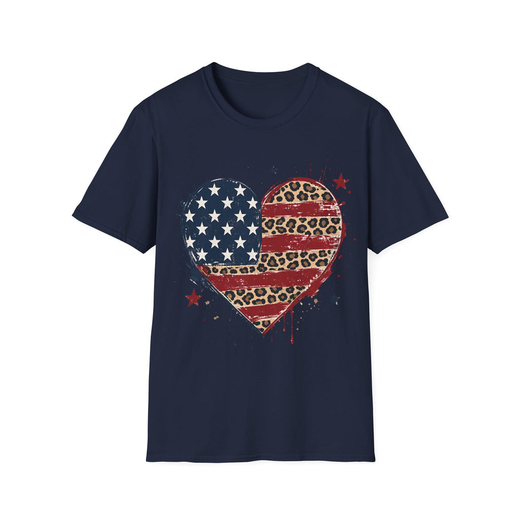 Distressed Leopard Print Heart USA Flag T-Shirt