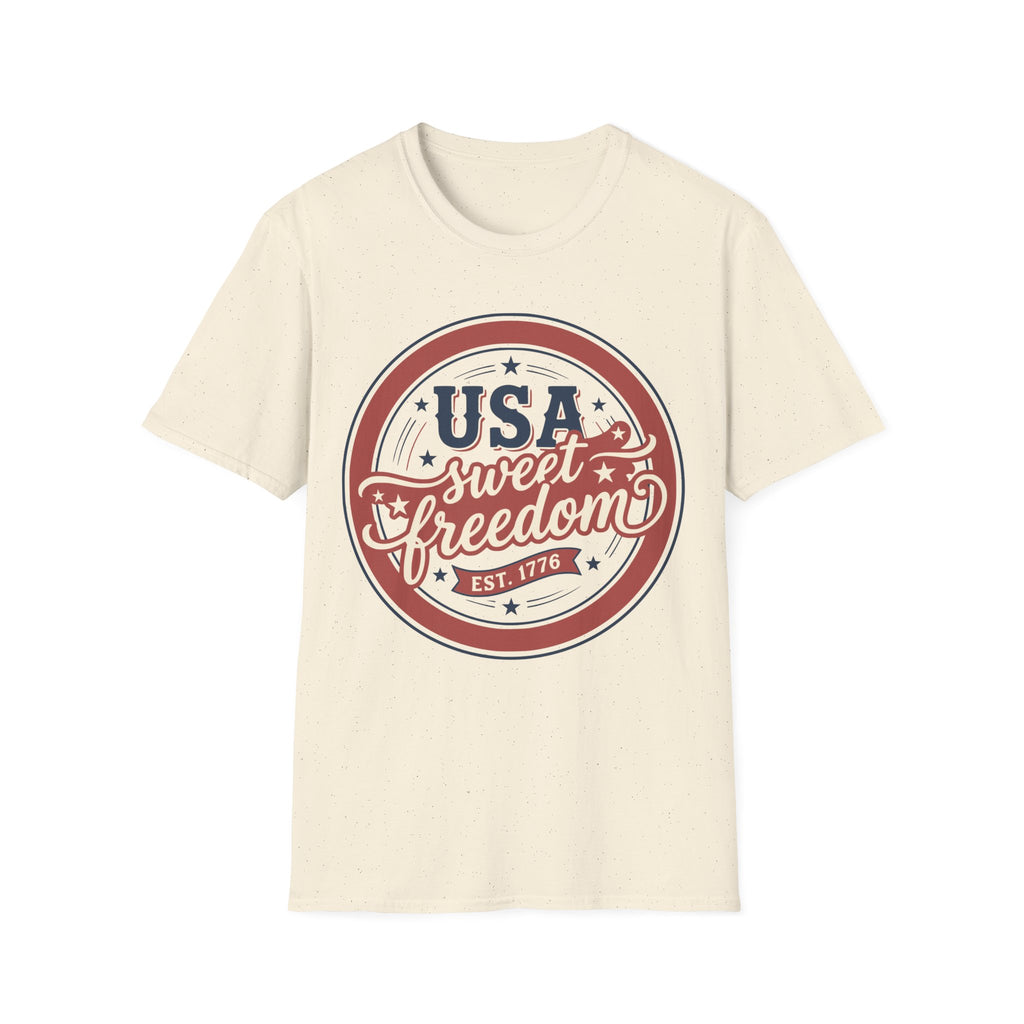 Vintage USA Sweet Freedom Est 1776 T-Shirt | Retro Patriotic Badge Tee
