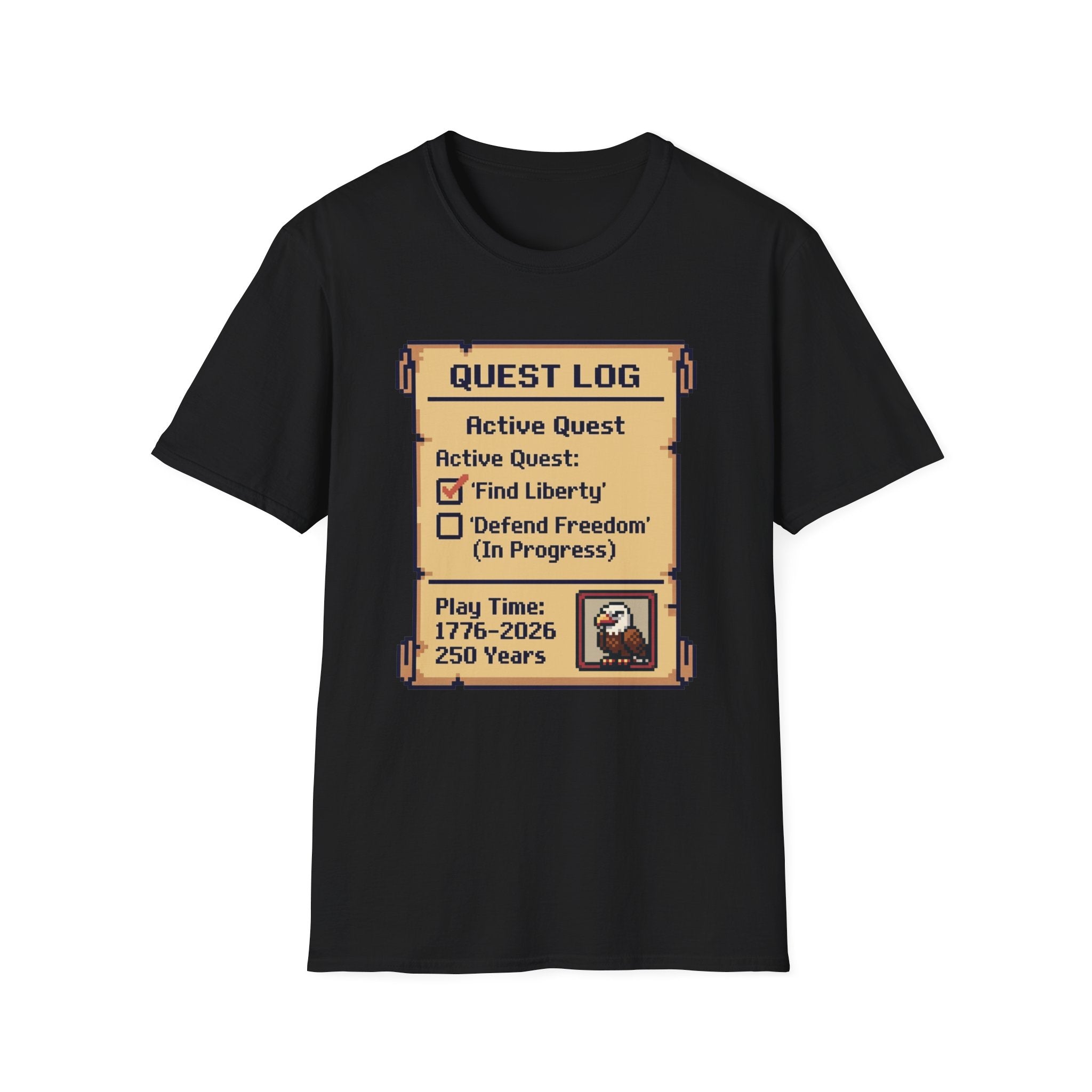 8-Bit Quest Log Patriotic T-Shirt | America 250th Anniversary RPG Gamer Tee