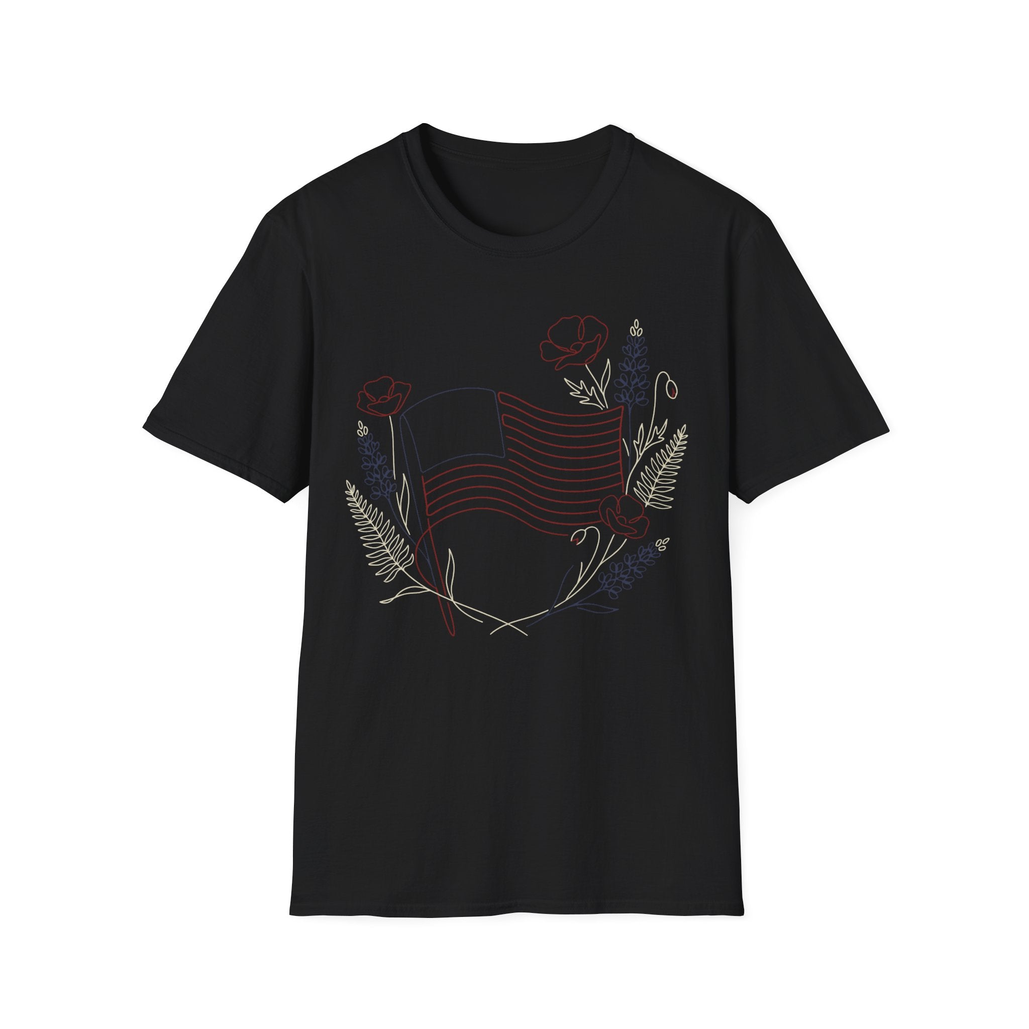 Botanical Floral Line Art American Flag T-Shirt | Subtle Patriotic Tee