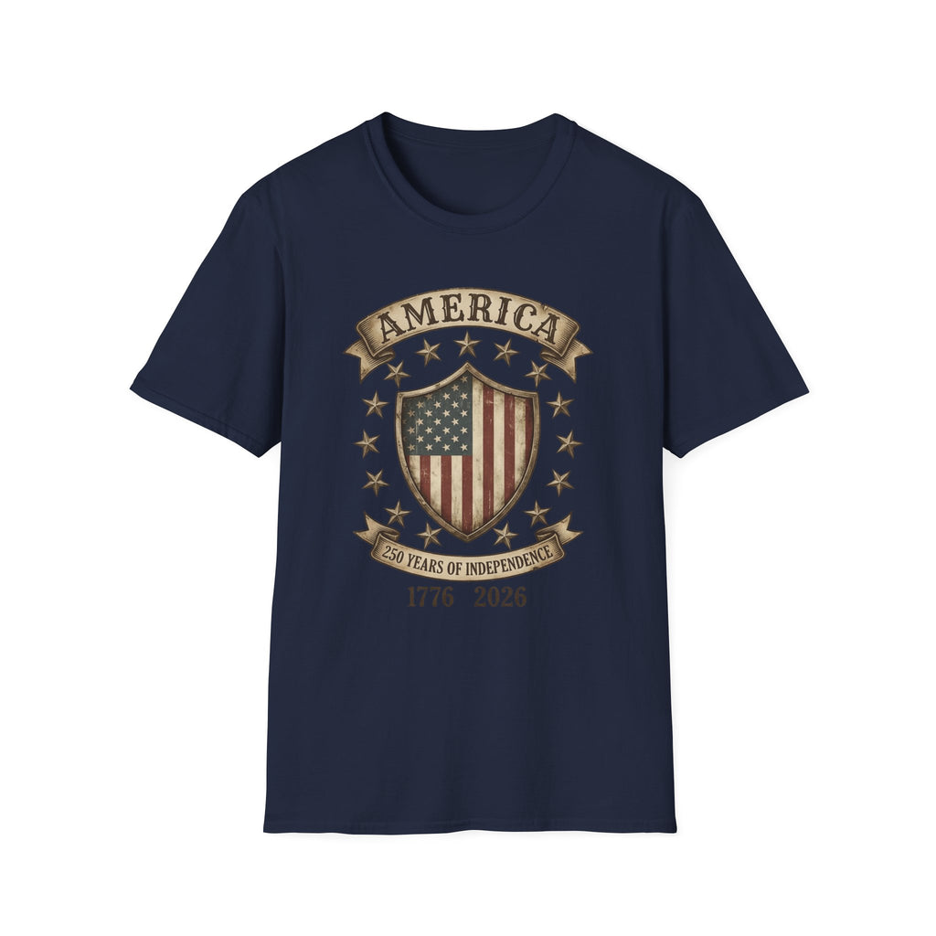 America 250 Years of Independence 1776-2026 Vintage Flag Shield T-Shirt
