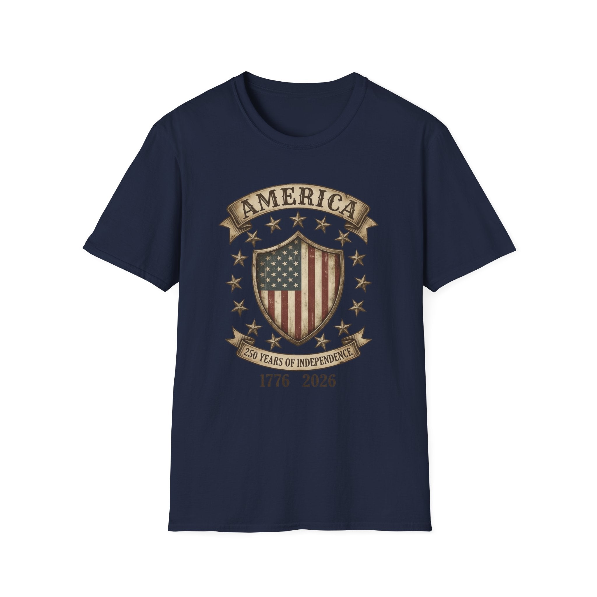 America 250 Years of Independence 1776-2026 Vintage Flag Shield T-Shirt