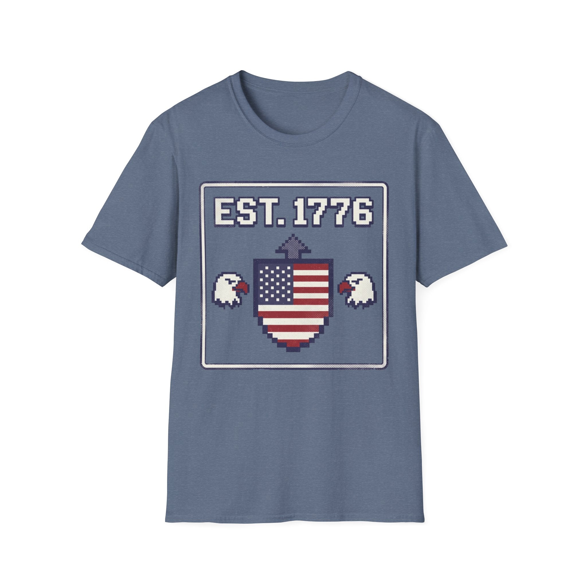 8-Bit Est. 1776 Patriotic T-Shirt | Retro Gamer American Flag Shield Tee