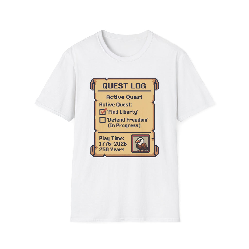 8-Bit Quest Log Patriotic T-Shirt | America 250th Anniversary RPG Gamer Tee