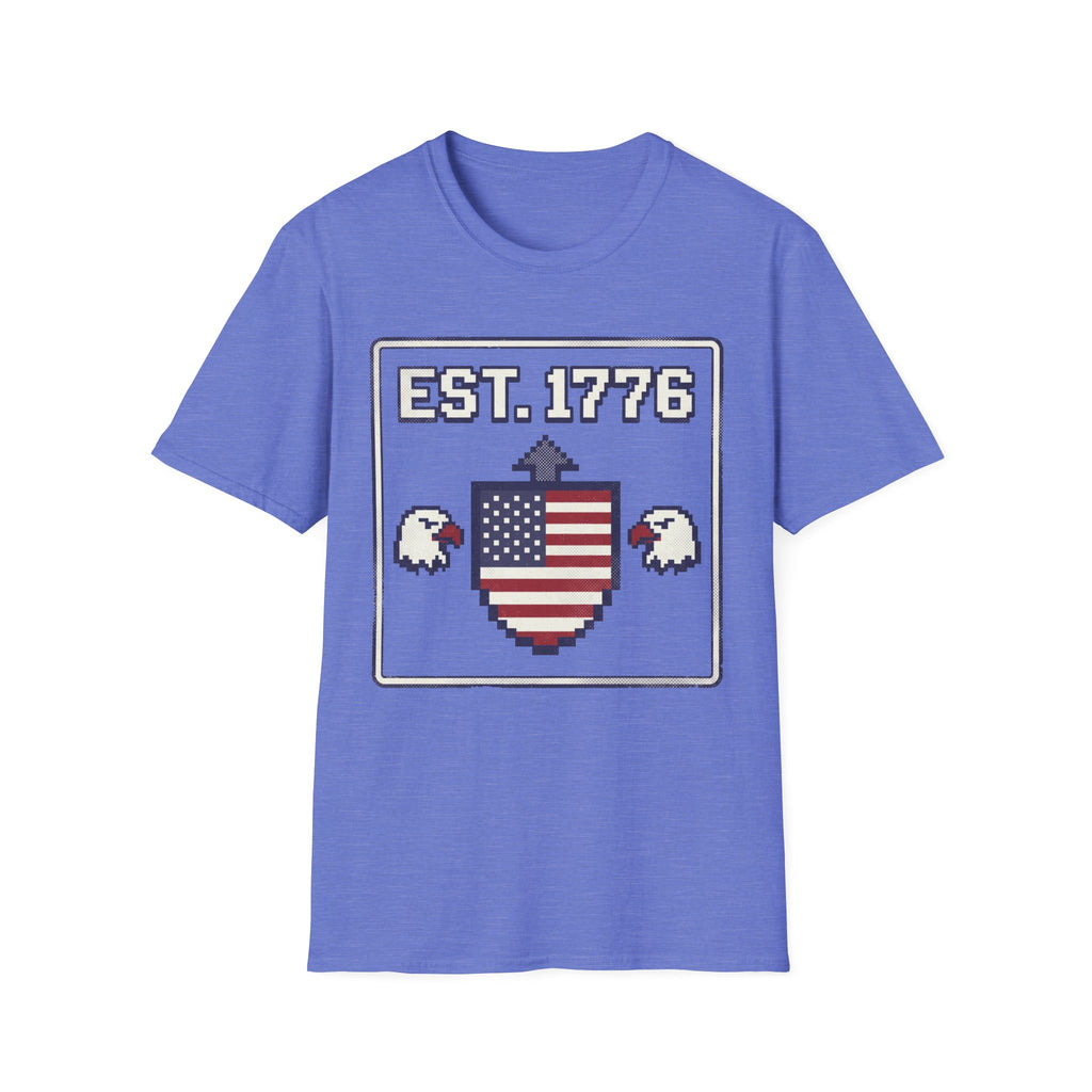 8-Bit Est. 1776 Patriotic T-Shirt | Retro Gamer American Flag Shield Tee