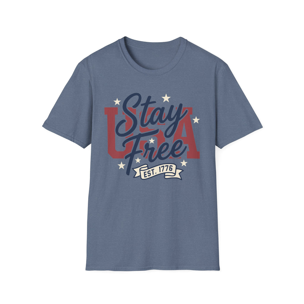 Vintage USA Stay Free Est 1776 T-Shirt | Retro Patriotic Graphic Tee