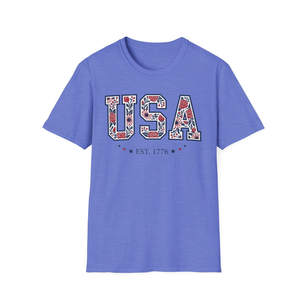 Floral USA Est 1776 T-Shirt | Cute Botanical Patriotic Tee