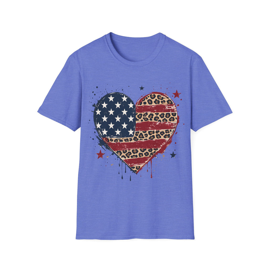 Distressed Leopard Print Heart USA Flag T-Shirt
