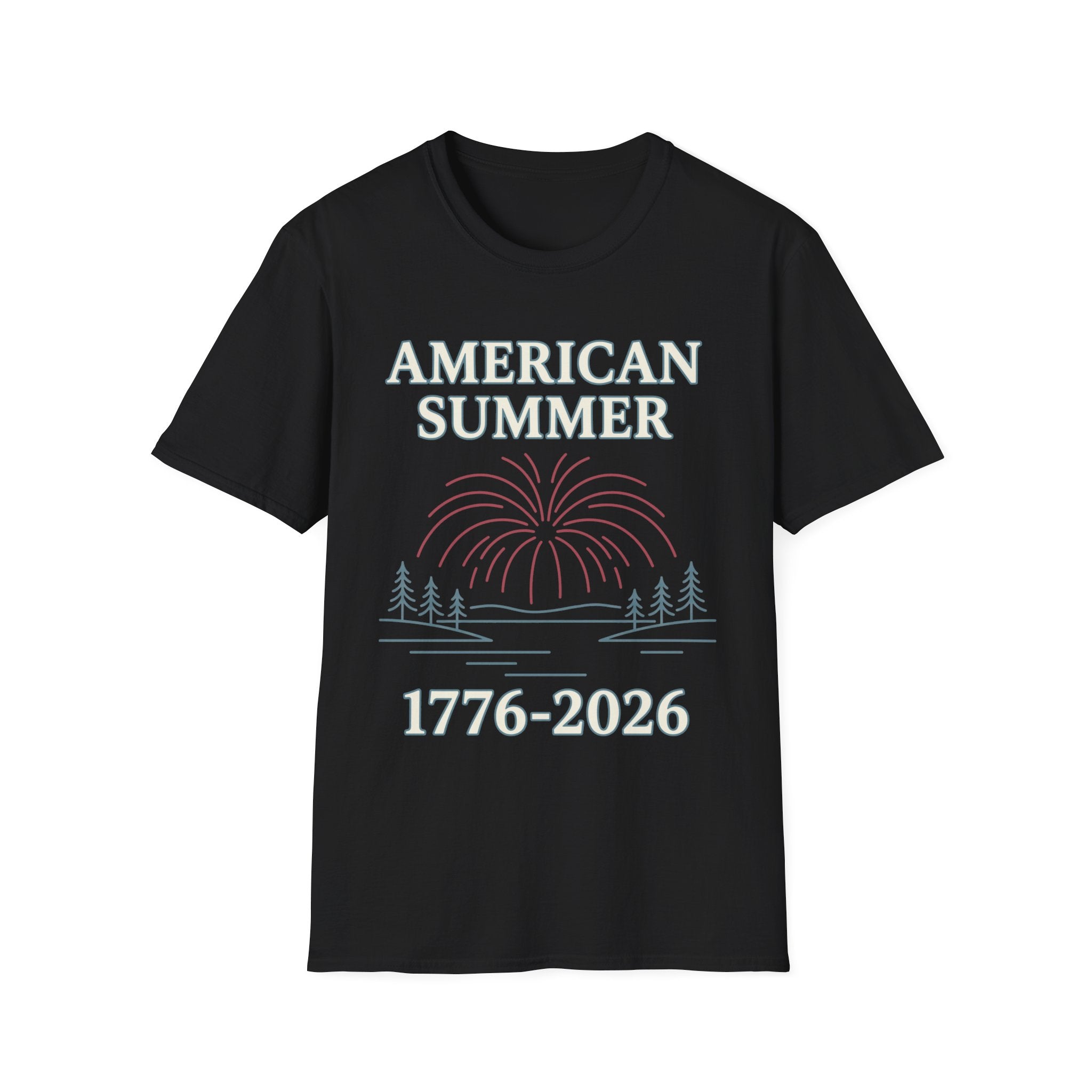 American Summer 1776-2026 Minimalist Lake Fireworks T-Shirt