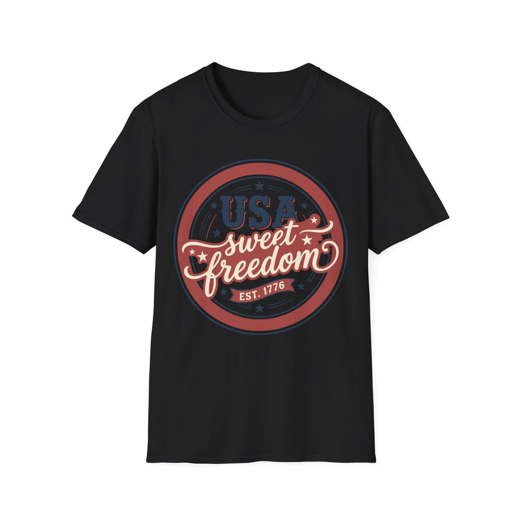 Vintage USA Sweet Freedom Est 1776 T-Shirt | Retro Patriotic Badge Tee