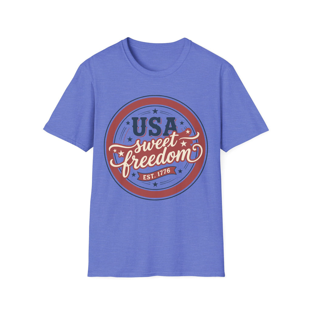 Vintage USA Sweet Freedom Est 1776 T-Shirt | Retro Patriotic Badge Tee
