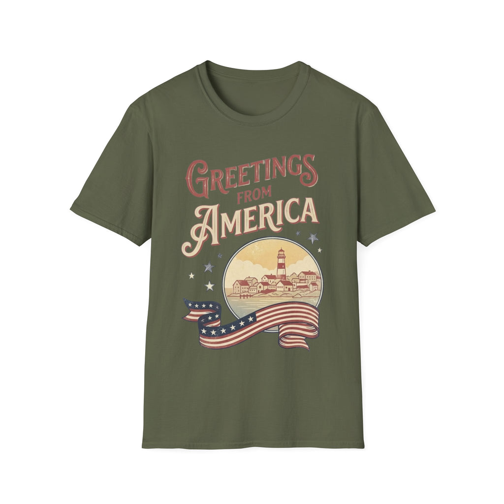 Greetings From America Vintage Postcard T-Shirt | Retro Coastal Americana