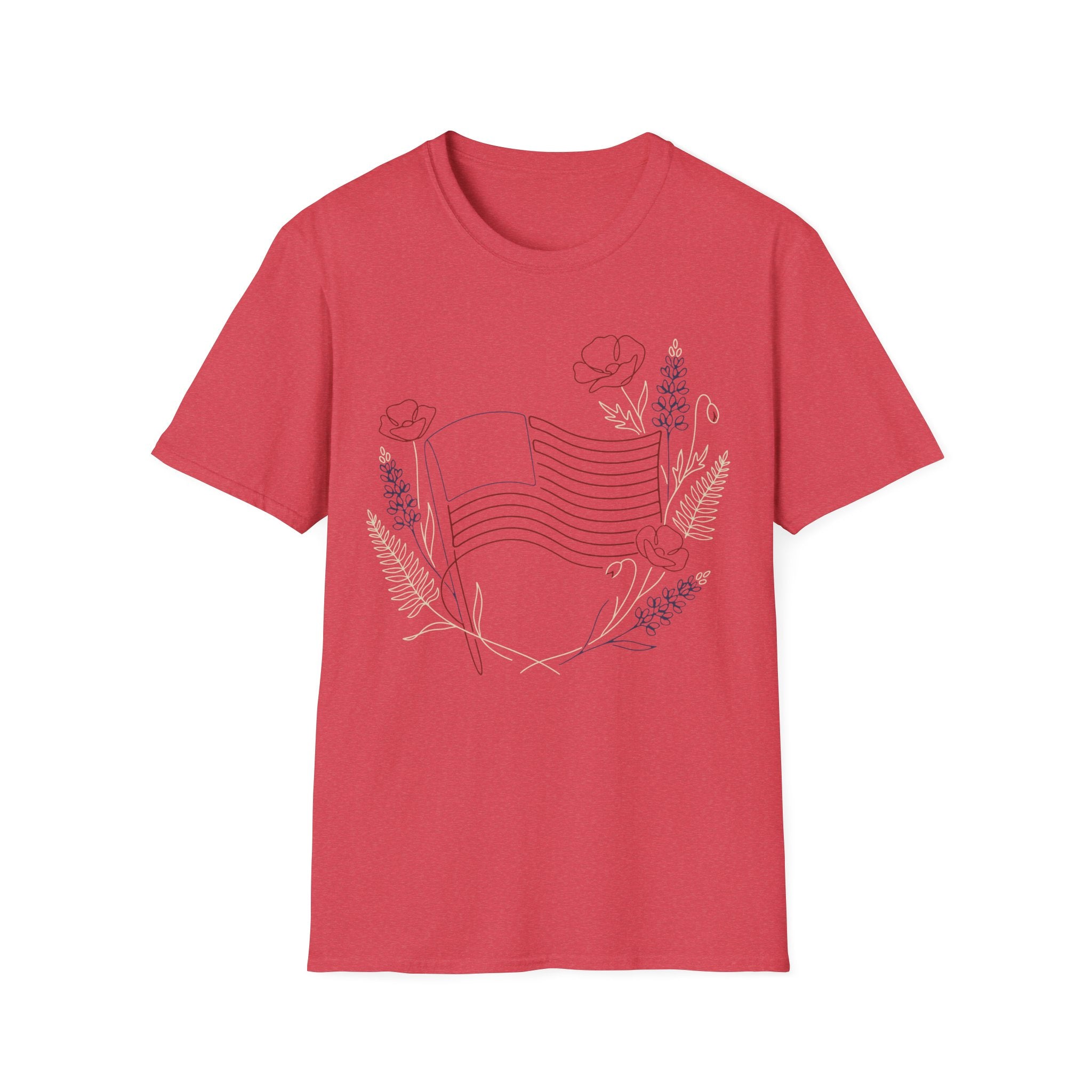 Botanical Floral Line Art American Flag T-Shirt | Subtle Patriotic Tee