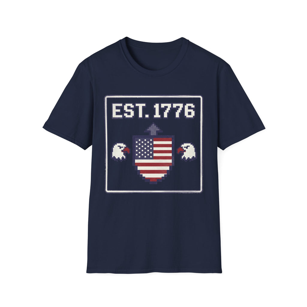 8-Bit Est. 1776 Patriotic T-Shirt | Retro Gamer American Flag Shield Tee
