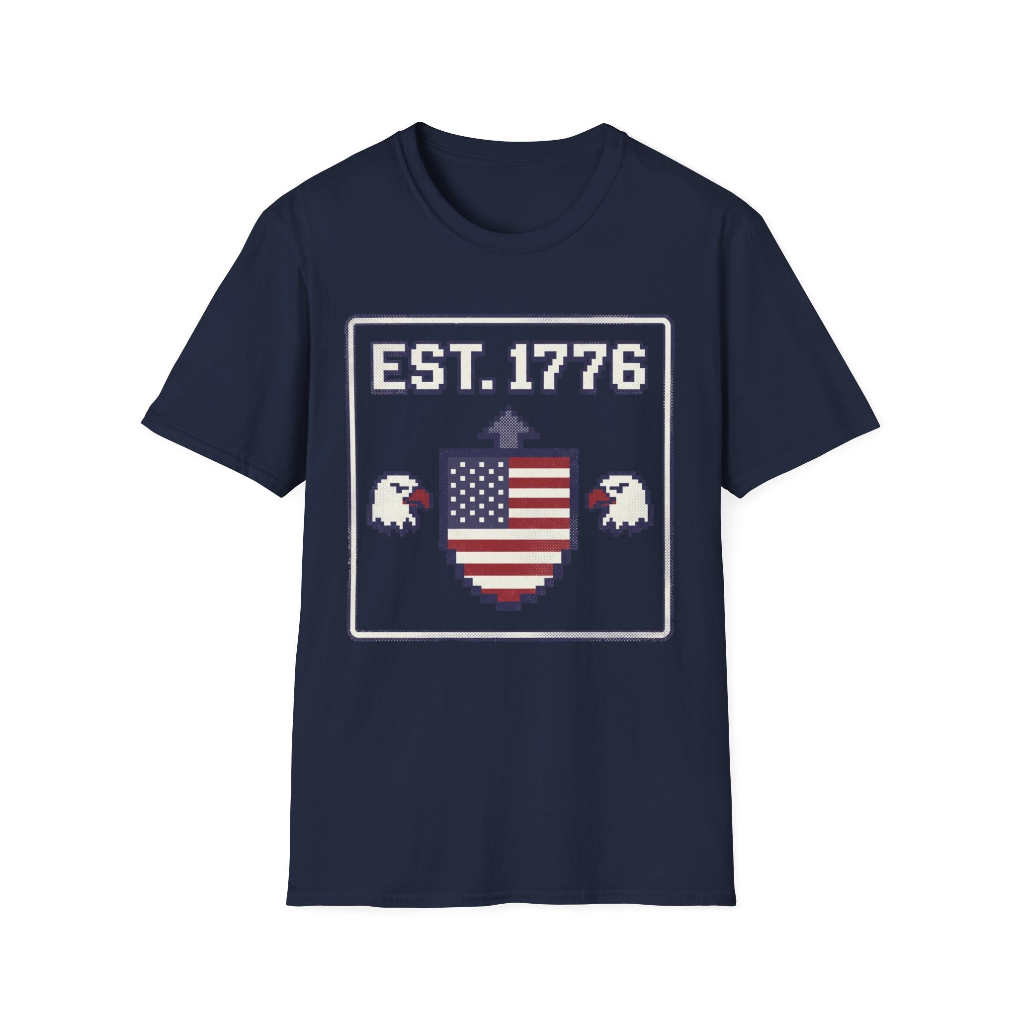 8-Bit Est. 1776 Patriotic T-Shirt | Retro Gamer American Flag Shield Tee