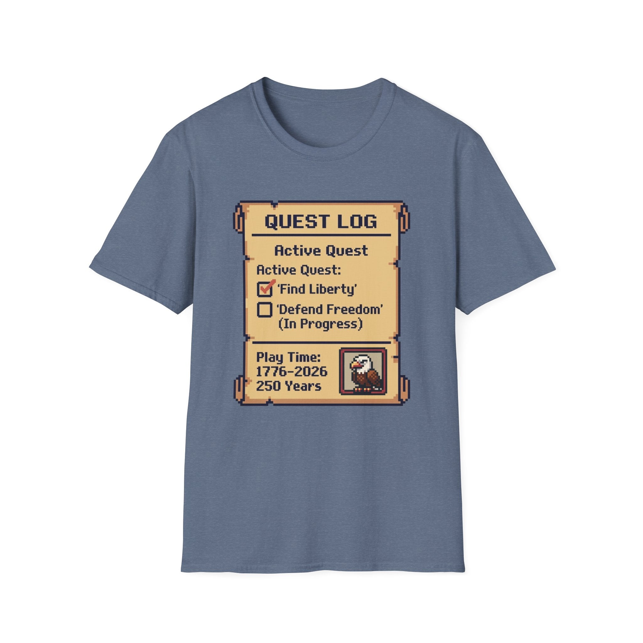 8-Bit Quest Log Patriotic T-Shirt | America 250th Anniversary RPG Gamer Tee