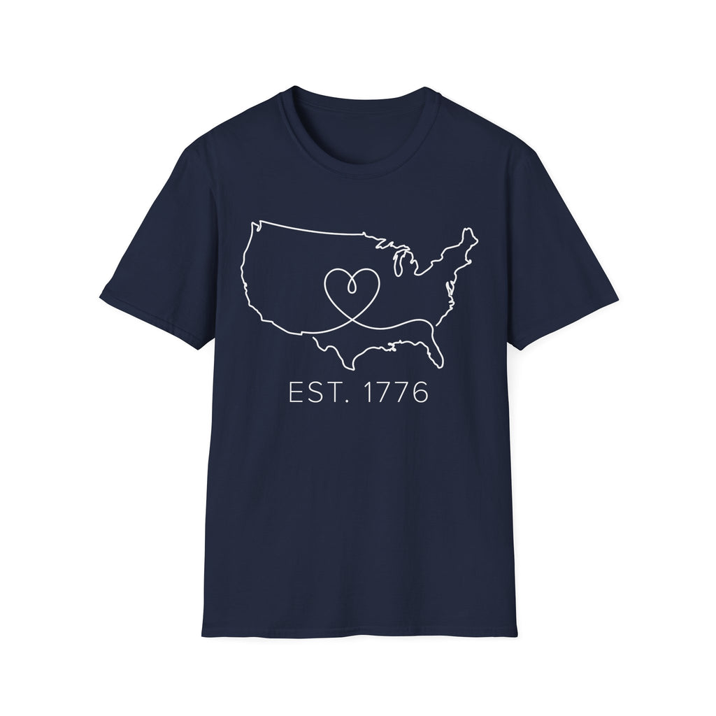 Minimalist USA Heart Map: Est. 1776 Patriotic T-Shirt