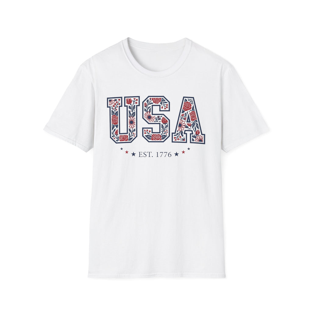 Floral USA Est 1776 T-Shirt | Cute Botanical Patriotic Tee