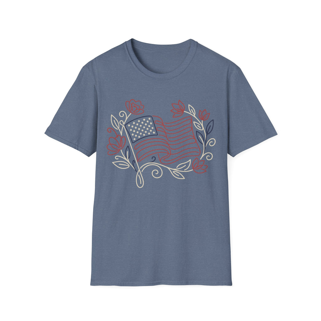 Elegant Floral Line Art American Flag T-Shirt | Botanical Patriotic Tee