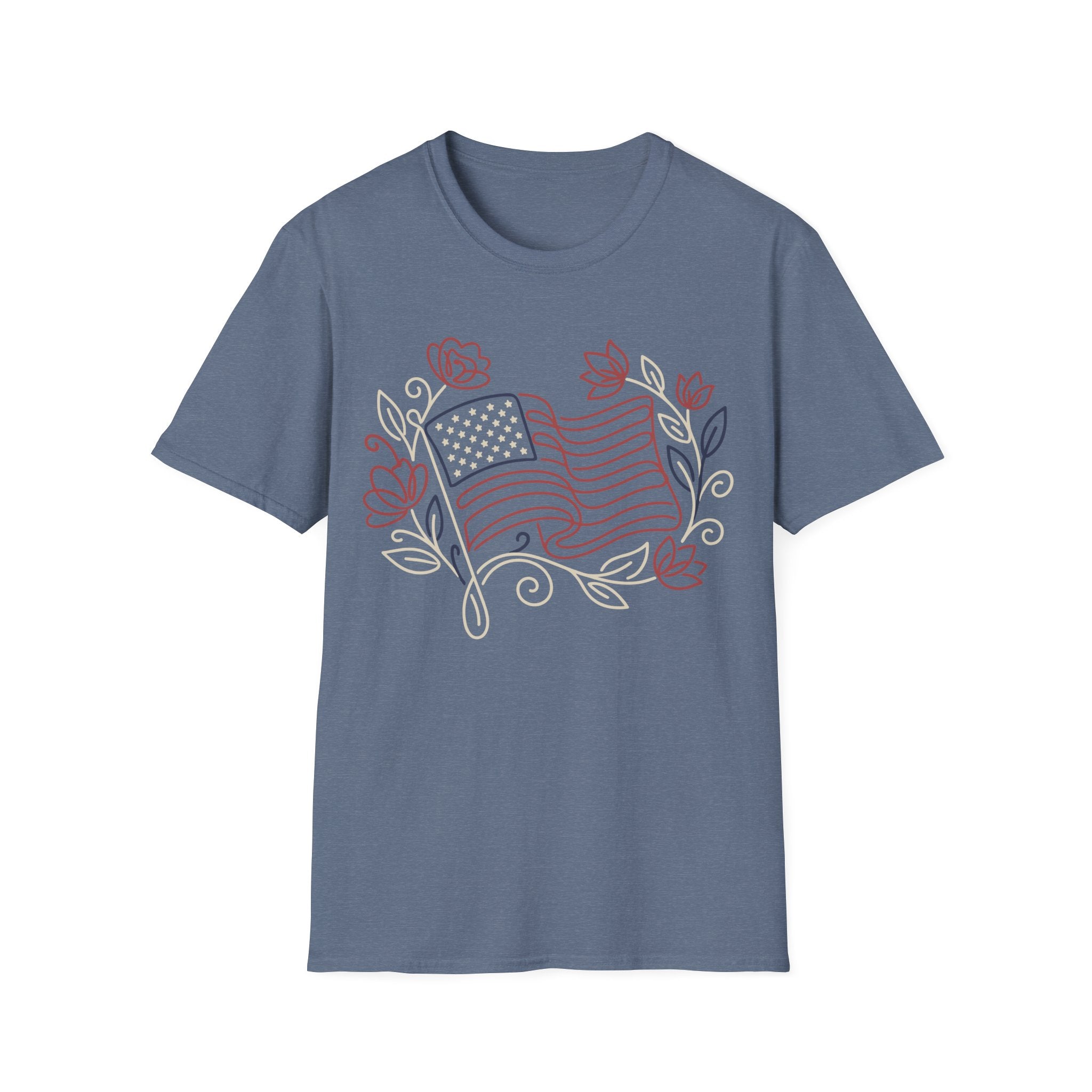 Elegant Floral Line Art American Flag T-Shirt | Botanical Patriotic Tee