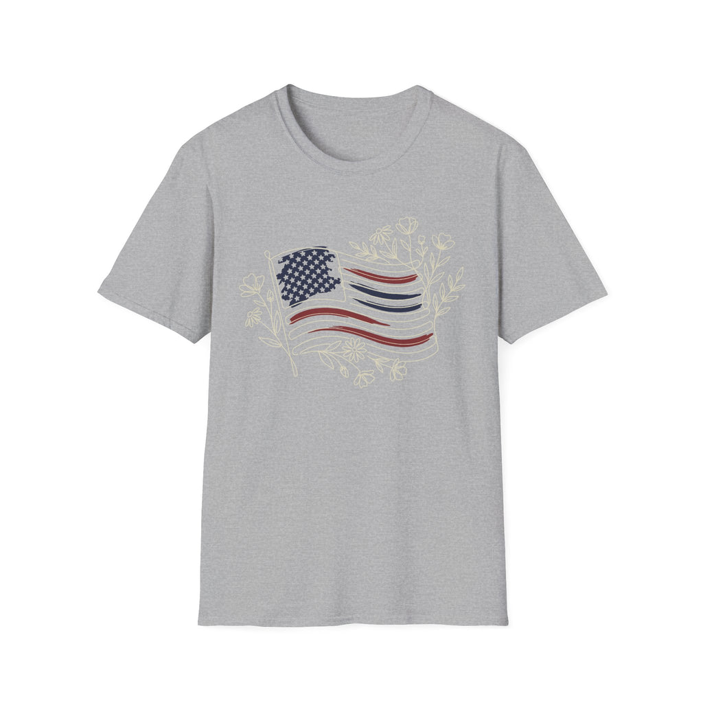 Boho Floral American Flag T-Shirt | Botanical Wildflower Patriotic Tee