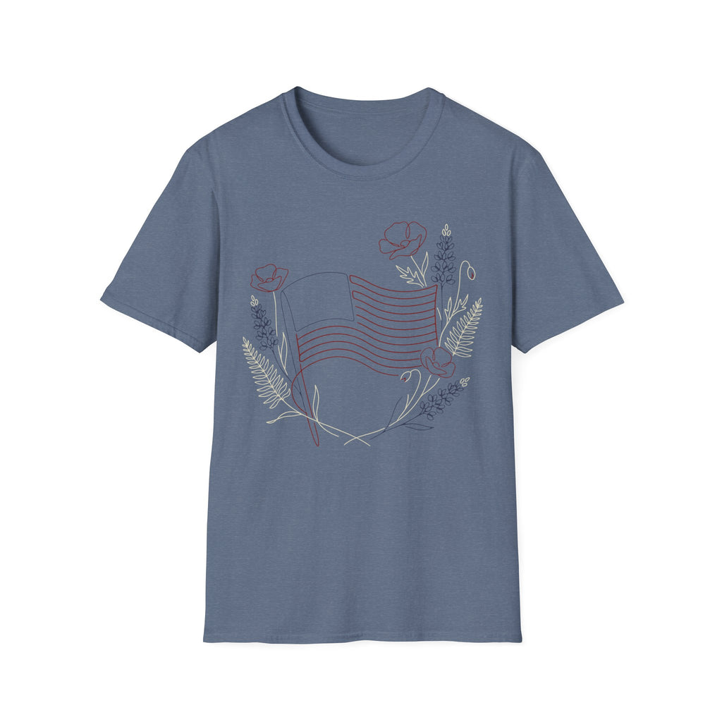 Botanical Floral Line Art American Flag T-Shirt | Subtle Patriotic Tee