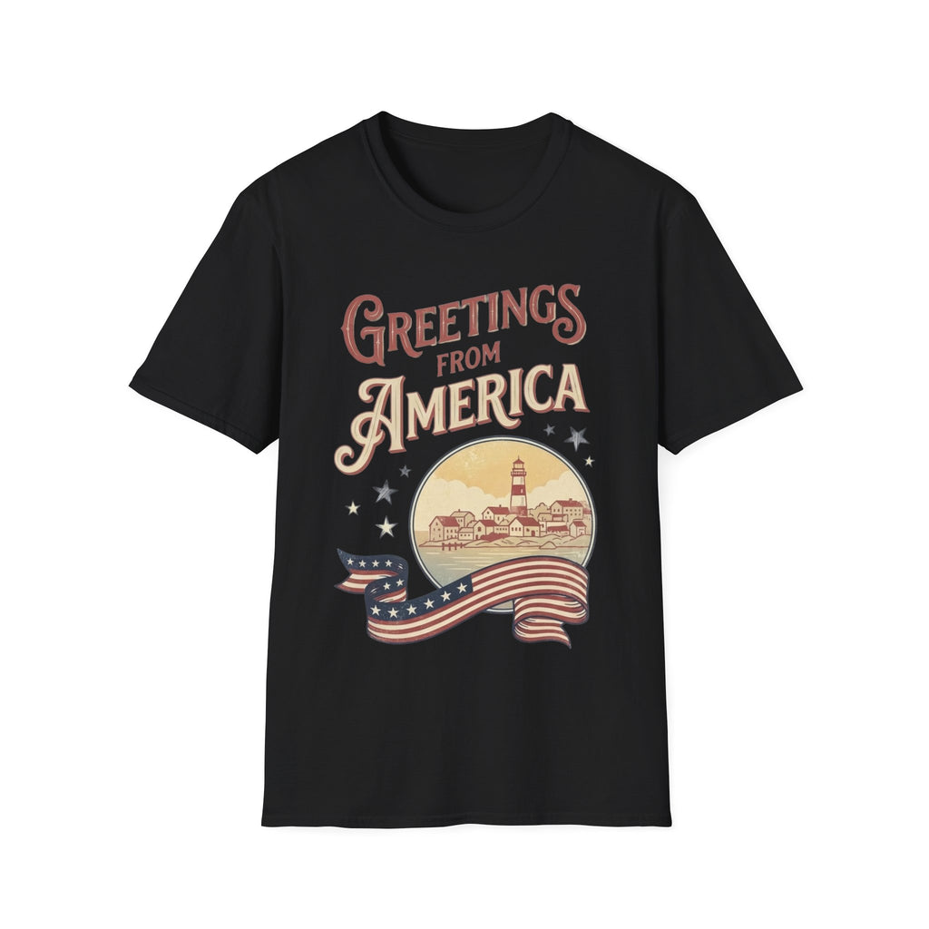 Greetings From America Vintage Postcard T-Shirt | Retro Coastal Americana