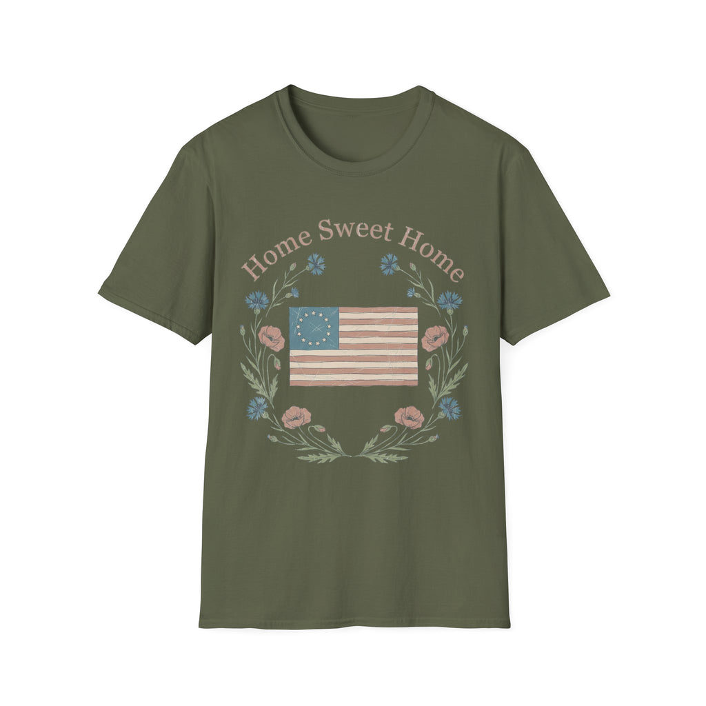 "Home Sweet Home" Betsy Ross Flag & Wildflower Wreath Patriotic T-Shirt - Muted Vintage & Family-Friendly Style