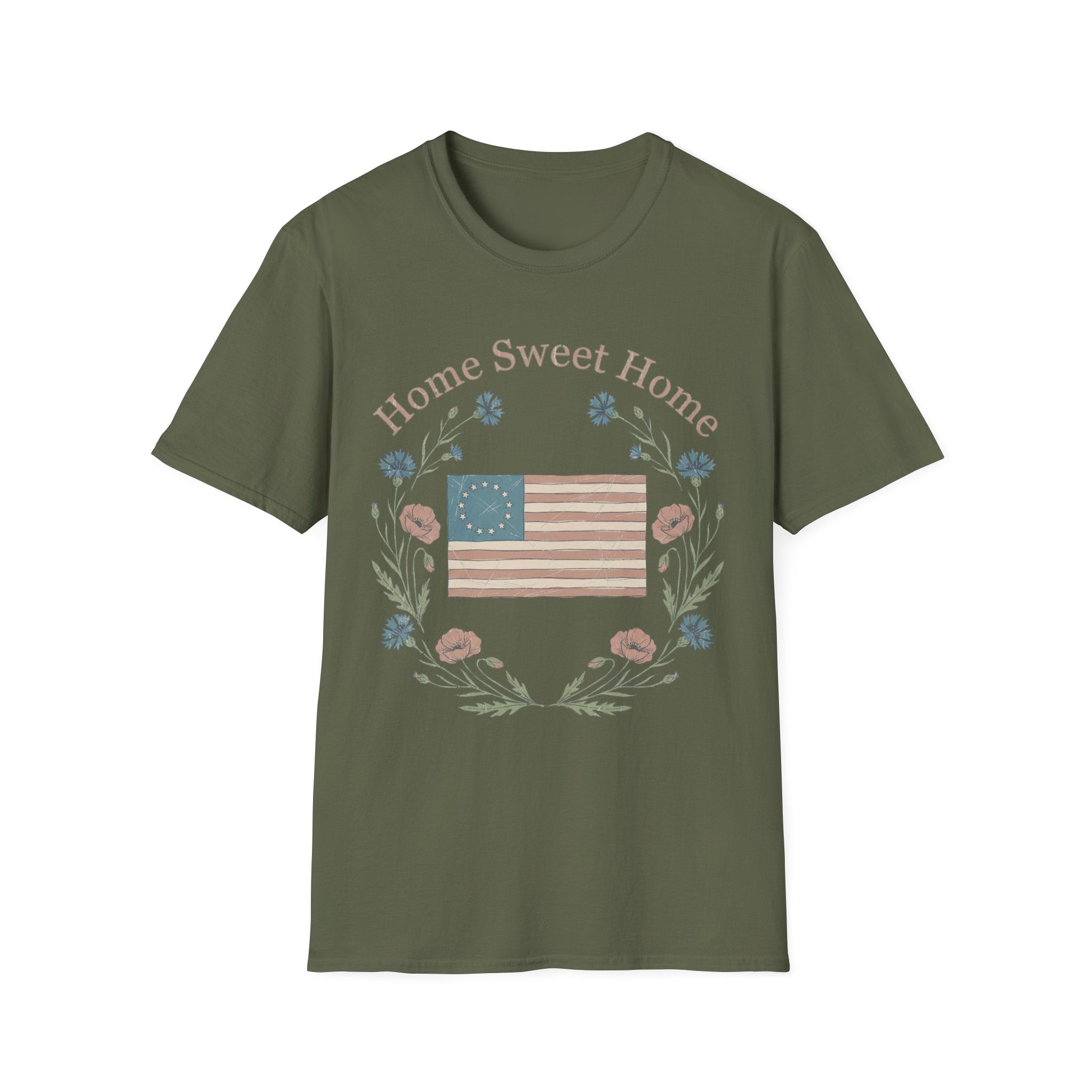 "Home Sweet Home" Betsy Ross Flag & Wildflower Wreath Patriotic T-Shirt - Muted Vintage & Family-Friendly Style