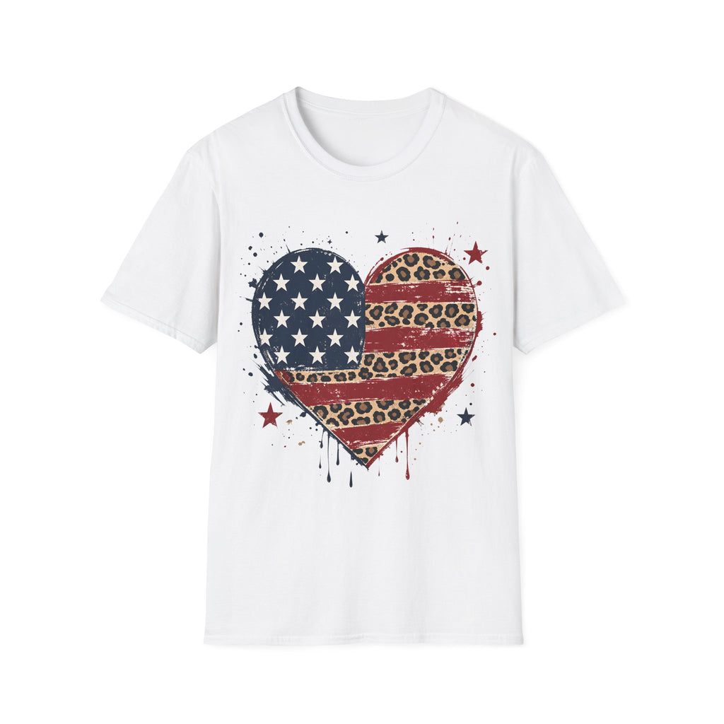 Distressed Leopard Print Heart USA Flag T-Shirt