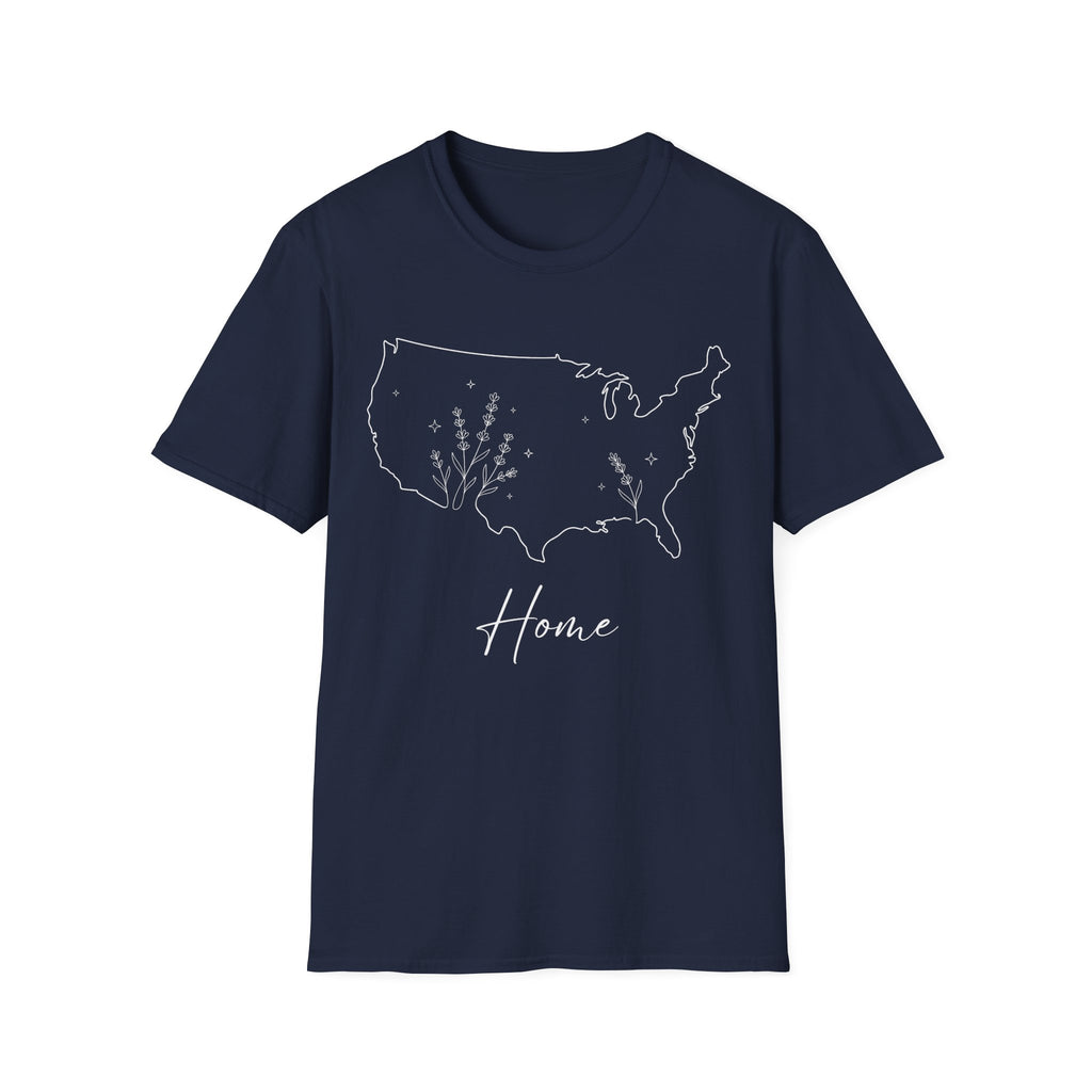 Minimalist Botanical USA Map "Home" T-Shirt | Subtle Patriotic Tee